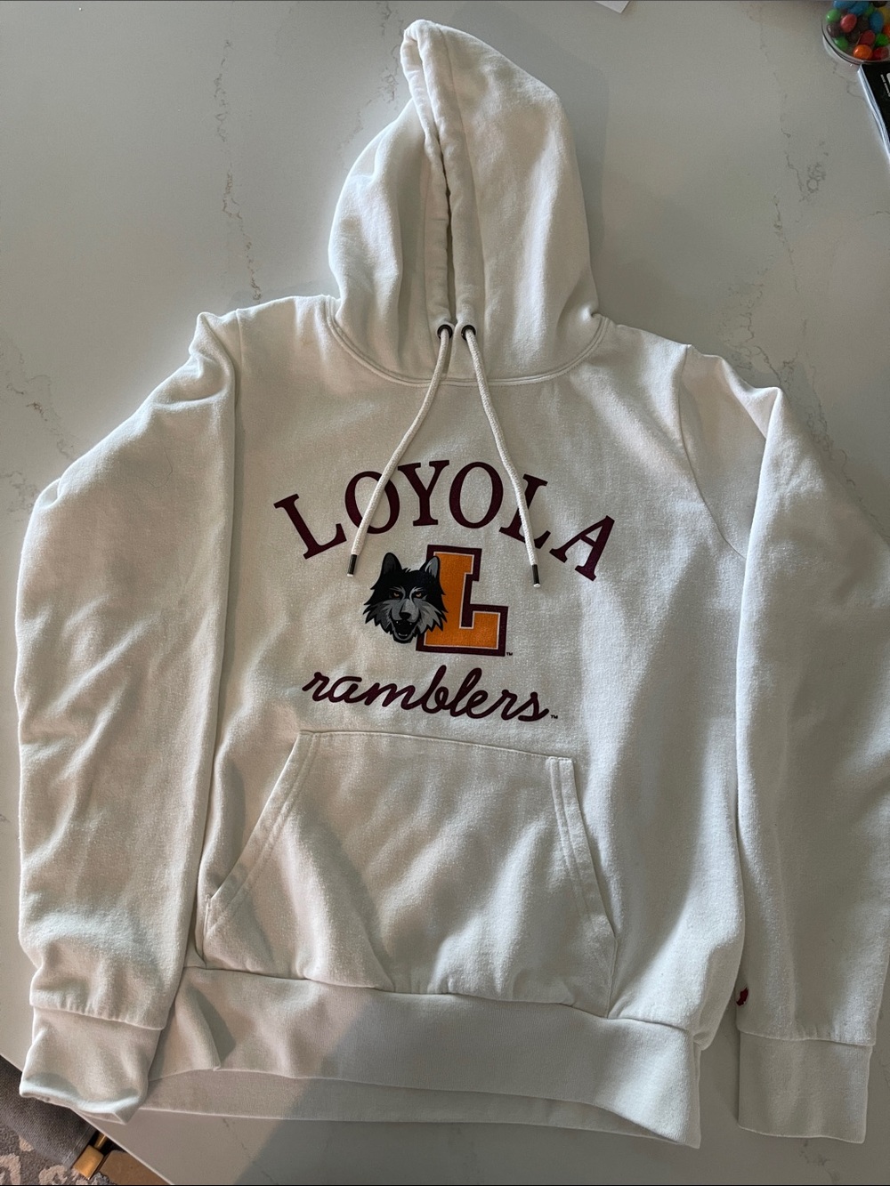 League White Loyola Ramblers Logo Crewneck Hoodie
